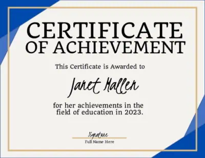 Certificate of achievement with blue triangles in each corner