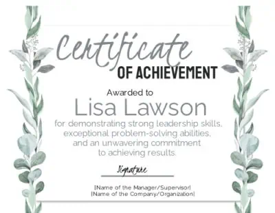 Certificate of achievement with green leaves around a white border