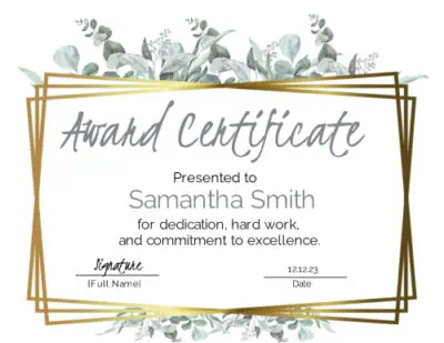 Certificate with gold borders and watercolor leaves