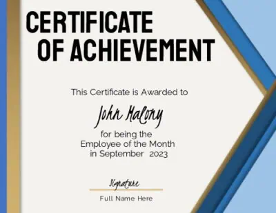 Certificate of achievement template with blue and gold shapes (the color can be changed)