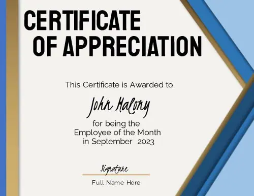 Certificate of Appreciation with a border with shades of blue