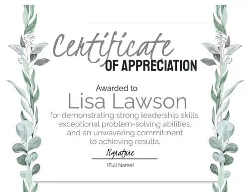 Appreciation certificate with watercolor leaves