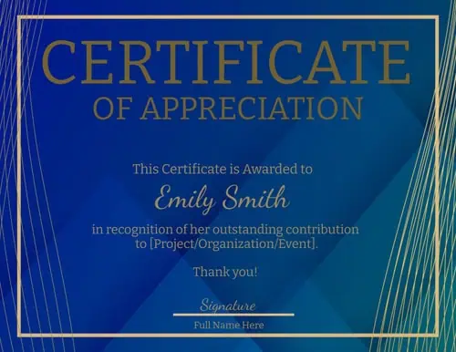 Certificate of appreciation template with a blue backgound and a gold border