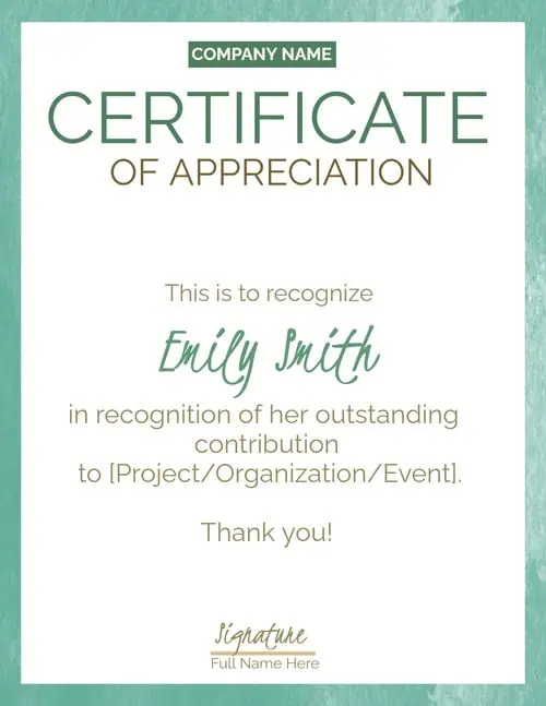 Certificate of appreciation with a green watercolor border