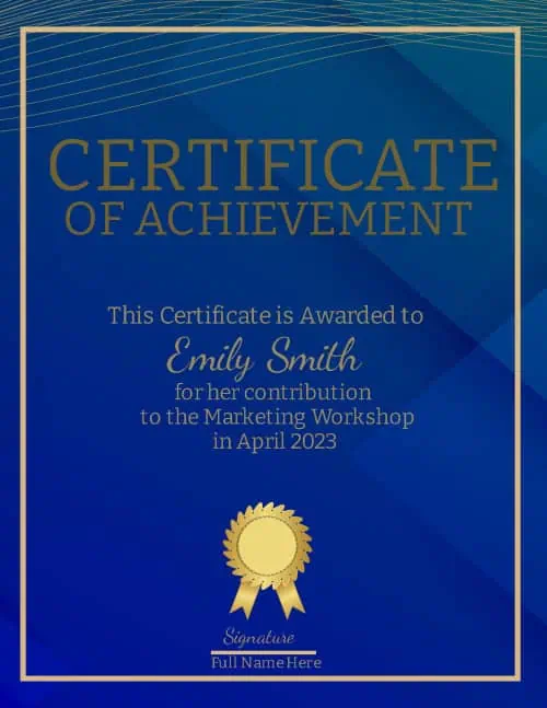 Blue background with gold lines and a gold award ribbon