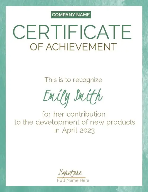 Certificate of achievement with a green watercolor border