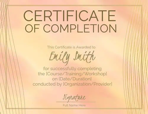certificate of completion with a watercolor background and a gold border