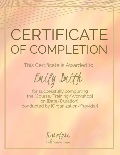 certificate of completion with a watercolor background and a gold border in portrait orientation