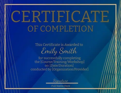 certificate of completion with a blue background and a blue border in landscape orientation