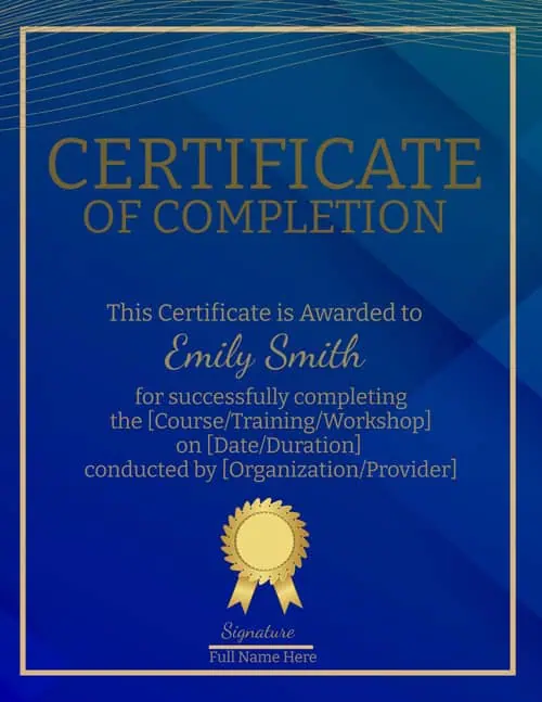 certificate of completion with a blue background and a blue border