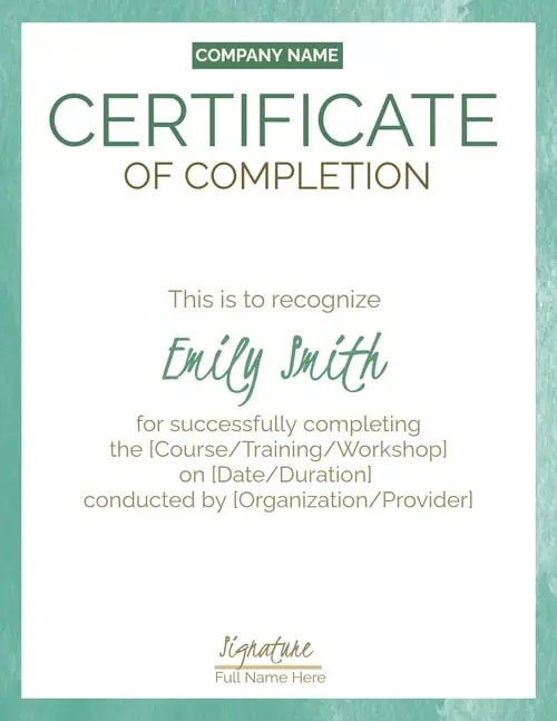 certificate of completion with a green watercolor border