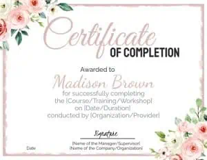 Pretty floral certificate of completion with watercolor flowers