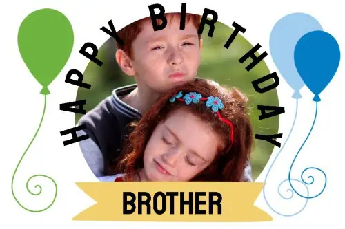 Happy birthday brother images with a round photo, 3 balloons and a colored banner