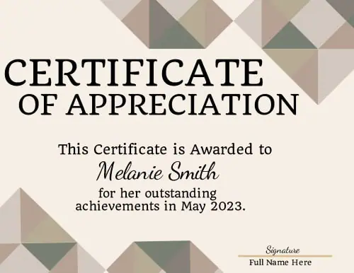 Certificate of appreciation with triangles in shades of beige