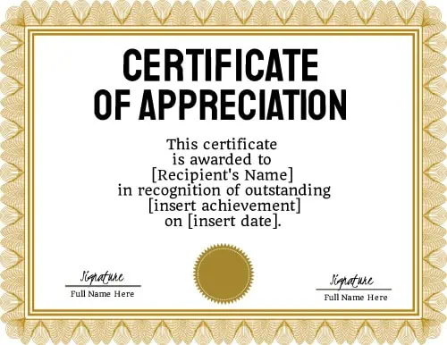 Formal certificate of appreciation with a gold frame