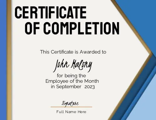 Blue triangles in the corners of this completion certificate template