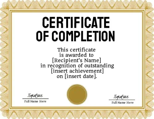 Formal certificate of completion with a gold frame