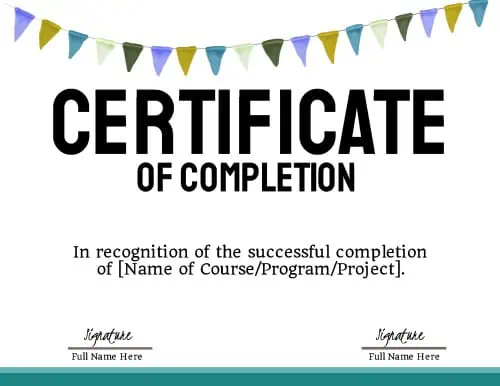 completion certificate with a cute banner on the top
