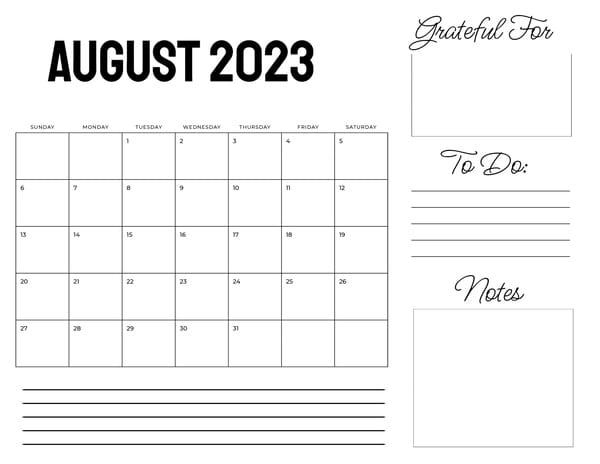 Planner - August 2023 (With Gratitude) - Personalized Templates