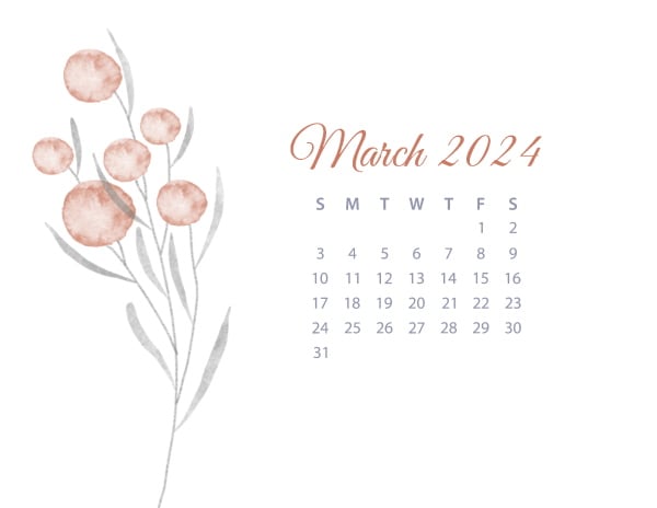 Calendar - March 2024 (Watercolor Flowers) - Personalized Templates