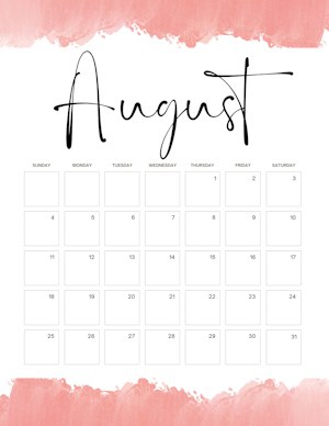 Calendar With Watercolor Border (you Can Change The Color) - August 