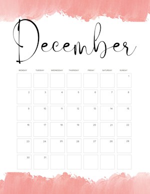 Calendar with watercolor border (you can change the color) - December ...