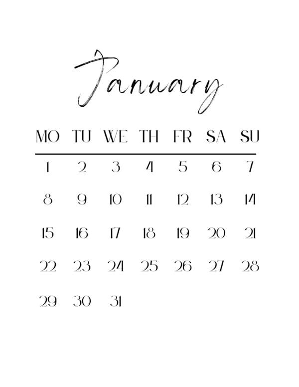 Blank Calendar - Portrait - Monday Start - January 2024 - Personalized ...