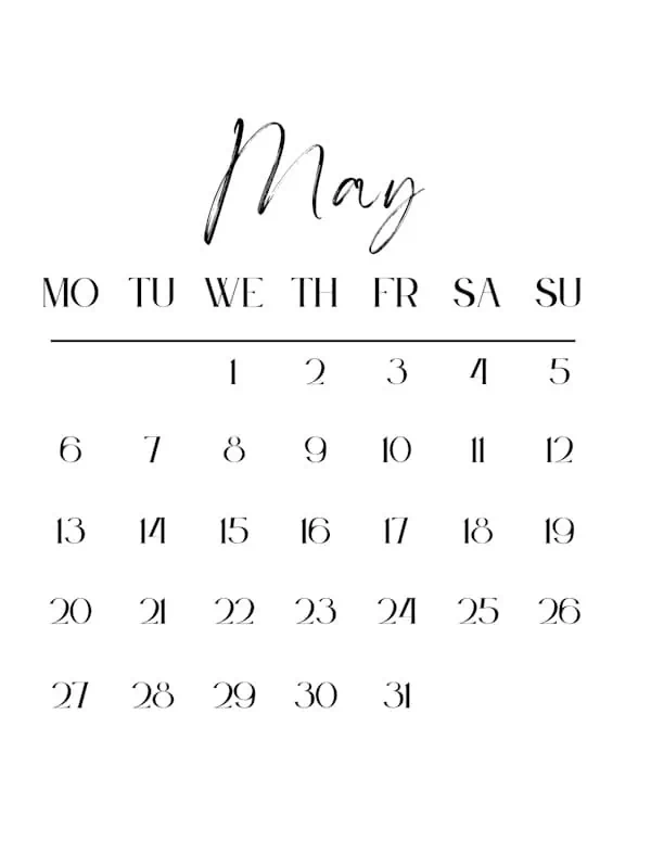 May 2024 blank calendar with a Monday start