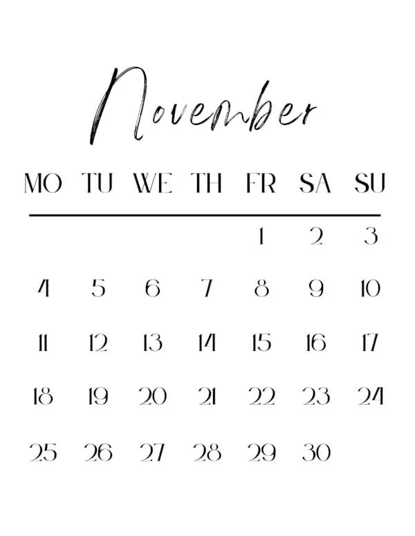 Nov 2024 blank calendar with a Monday start