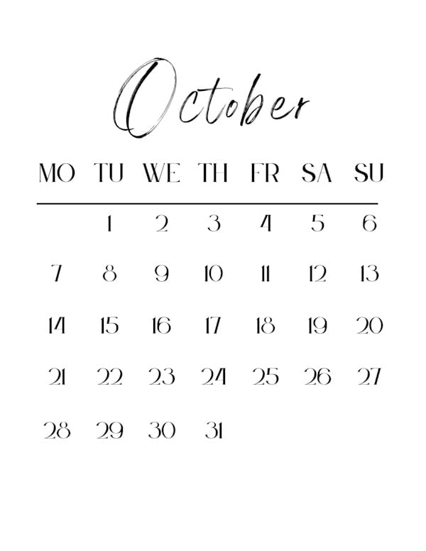 Blank Calendar - Portrait - Monday Start - October 2024 - Personalized ...