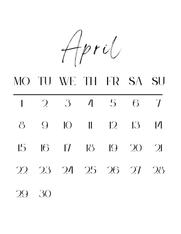 apr 2024 blank calendar with a Monday start