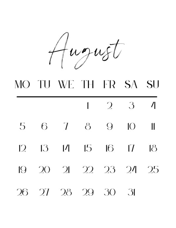 Blank Calendar Portrait Monday Start August 2024 Personalized