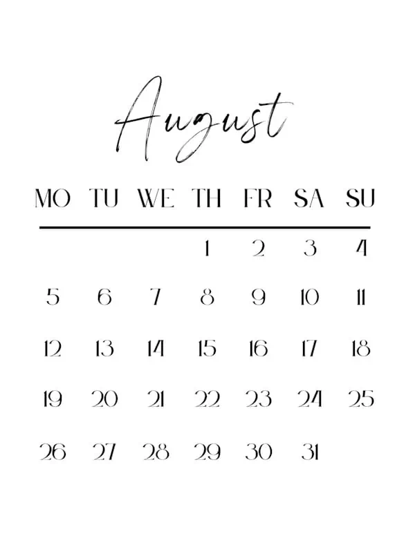 Aug 2024 blank calendar with a Monday start