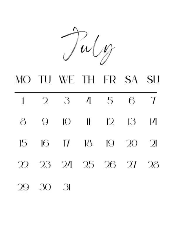 July 2024 blank calendar with a Monday start