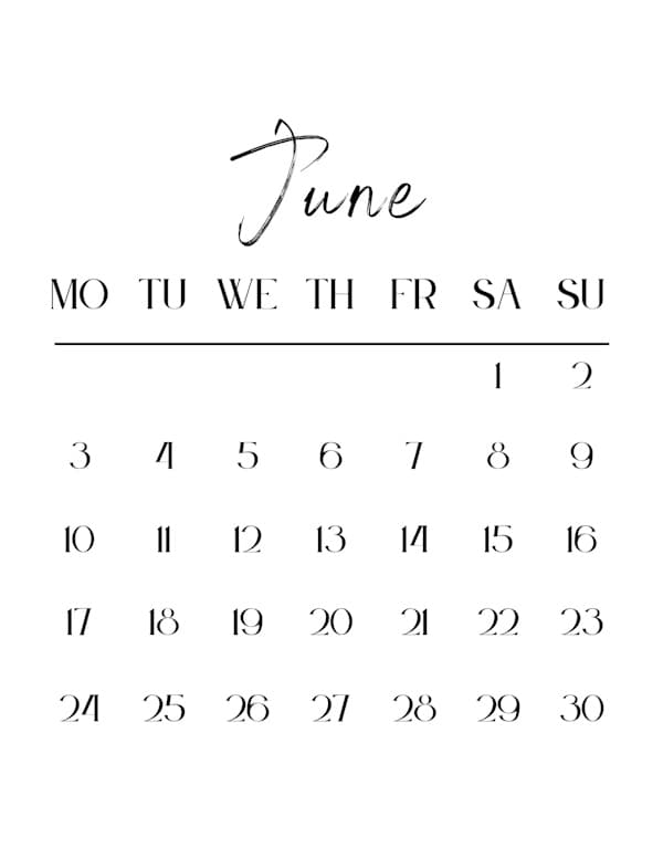 Blank Calendar - Portrait - Monday Start - June 2024 - Personalized ...