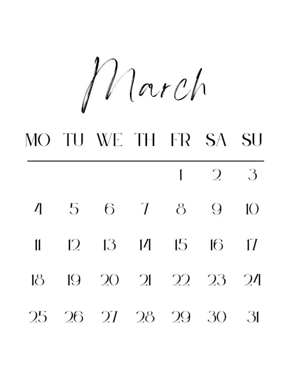 Blank Calendar - Portrait - Monday Start - March 2024 - Personalized ...